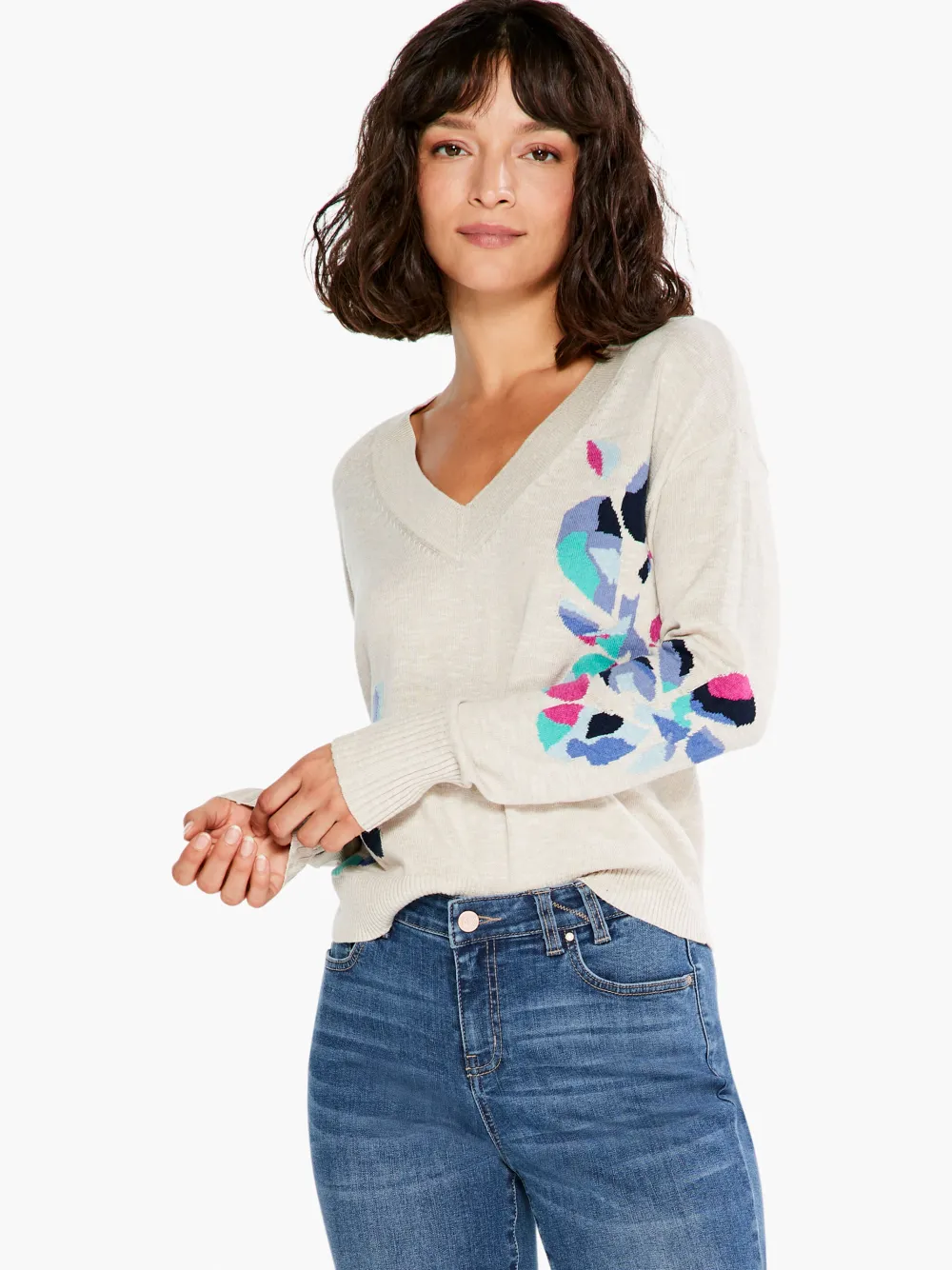 Best NIC+ZOE Blooming Short V Sweater Neutral Multi