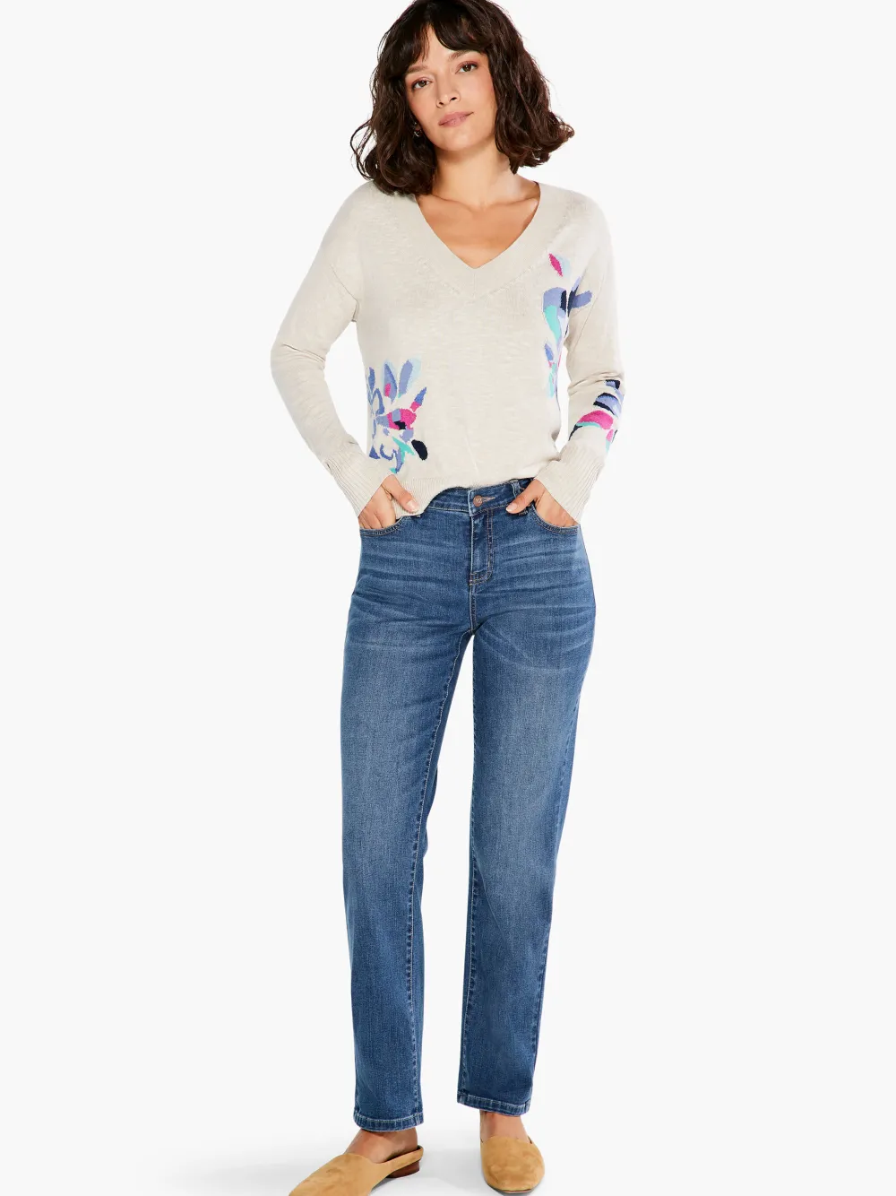 Best NIC+ZOE Blooming Short V Sweater Neutral Multi
