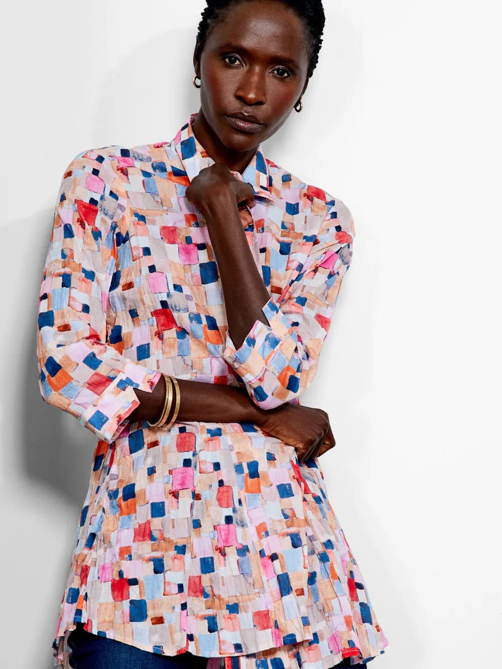 Clearance NIC+ZOE Checked Up Long Crinkle Shirt Pink Multi