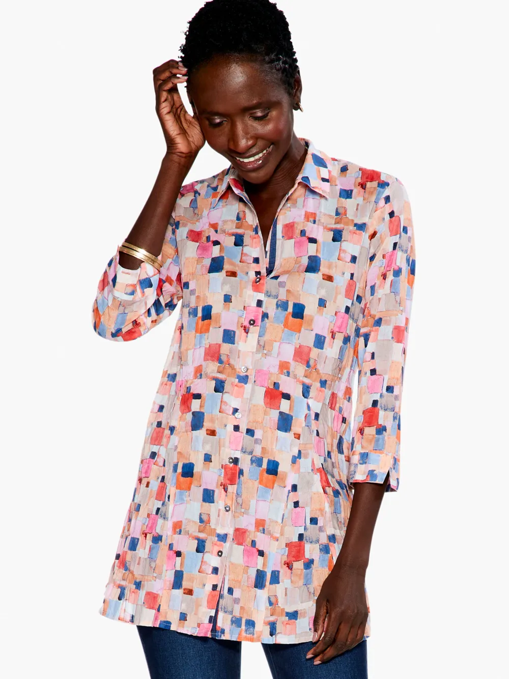 Clearance NIC+ZOE Checked Up Long Crinkle Shirt Pink Multi