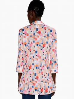 Clearance NIC+ZOE Checked Up Long Crinkle Shirt Pink Multi