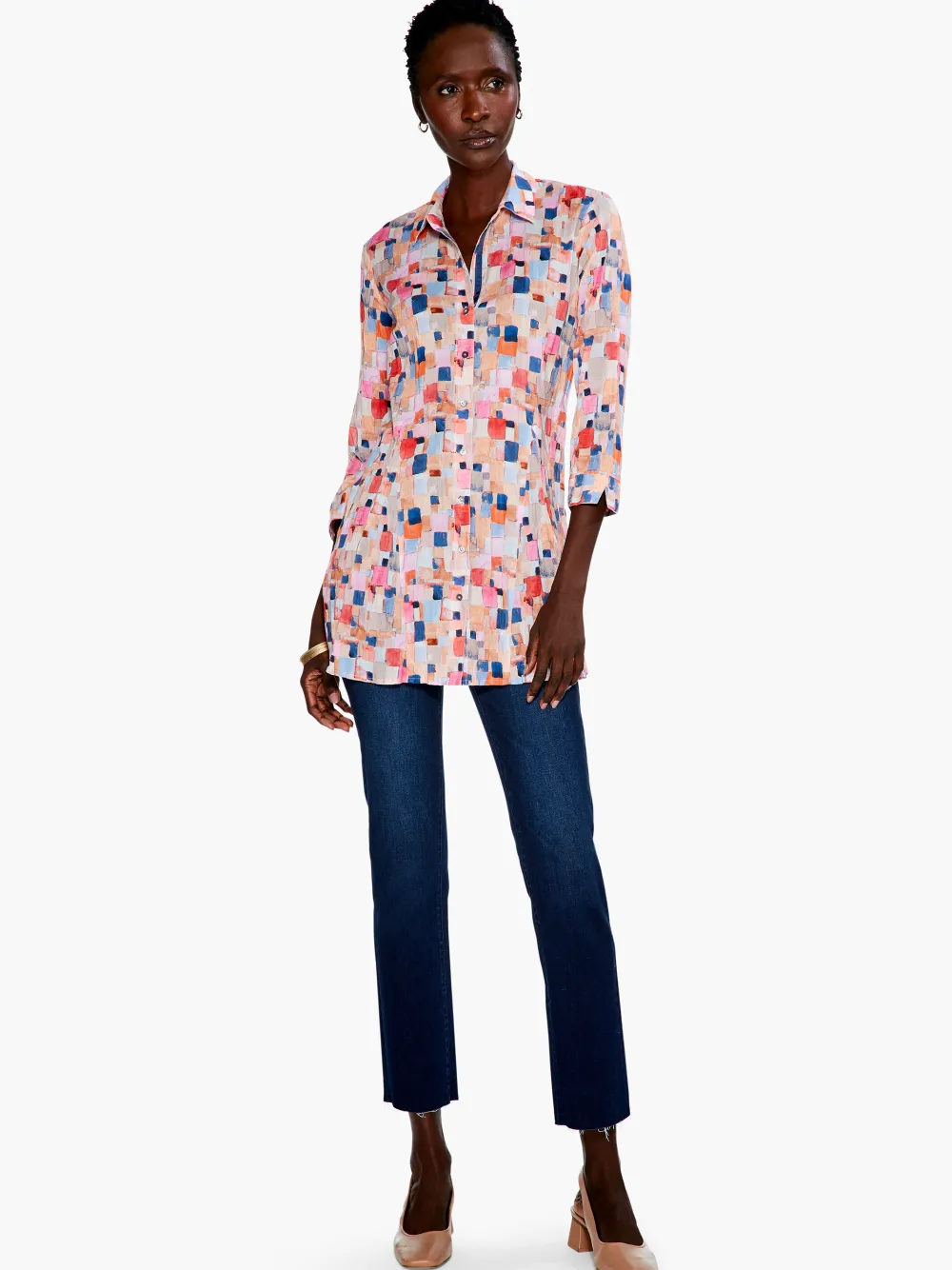 Clearance NIC+ZOE Checked Up Long Crinkle Shirt Pink Multi