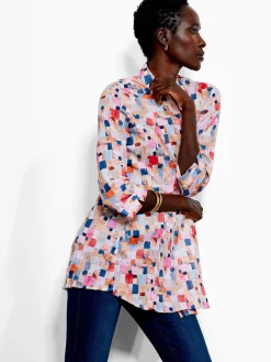 Clearance NIC+ZOE Checked Up Long Crinkle Shirt Pink Multi