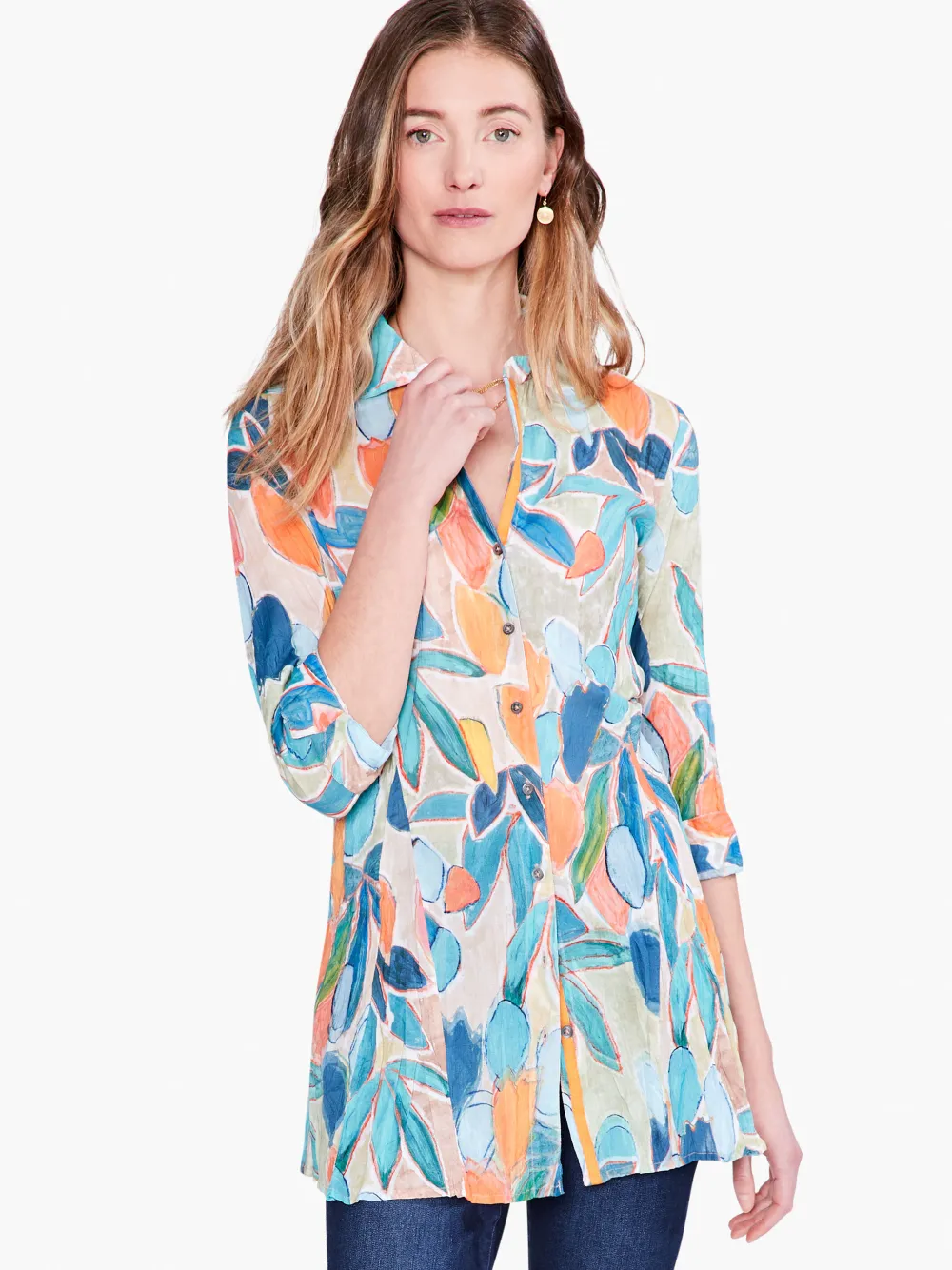 Best Sale NIC+ZOE Citrus Grove Long Crinkle Shirt Blue Multi