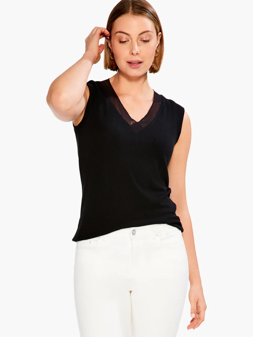 Store NIC+ZOE Drapey Rib Mesh Trim Tank Black Onyx