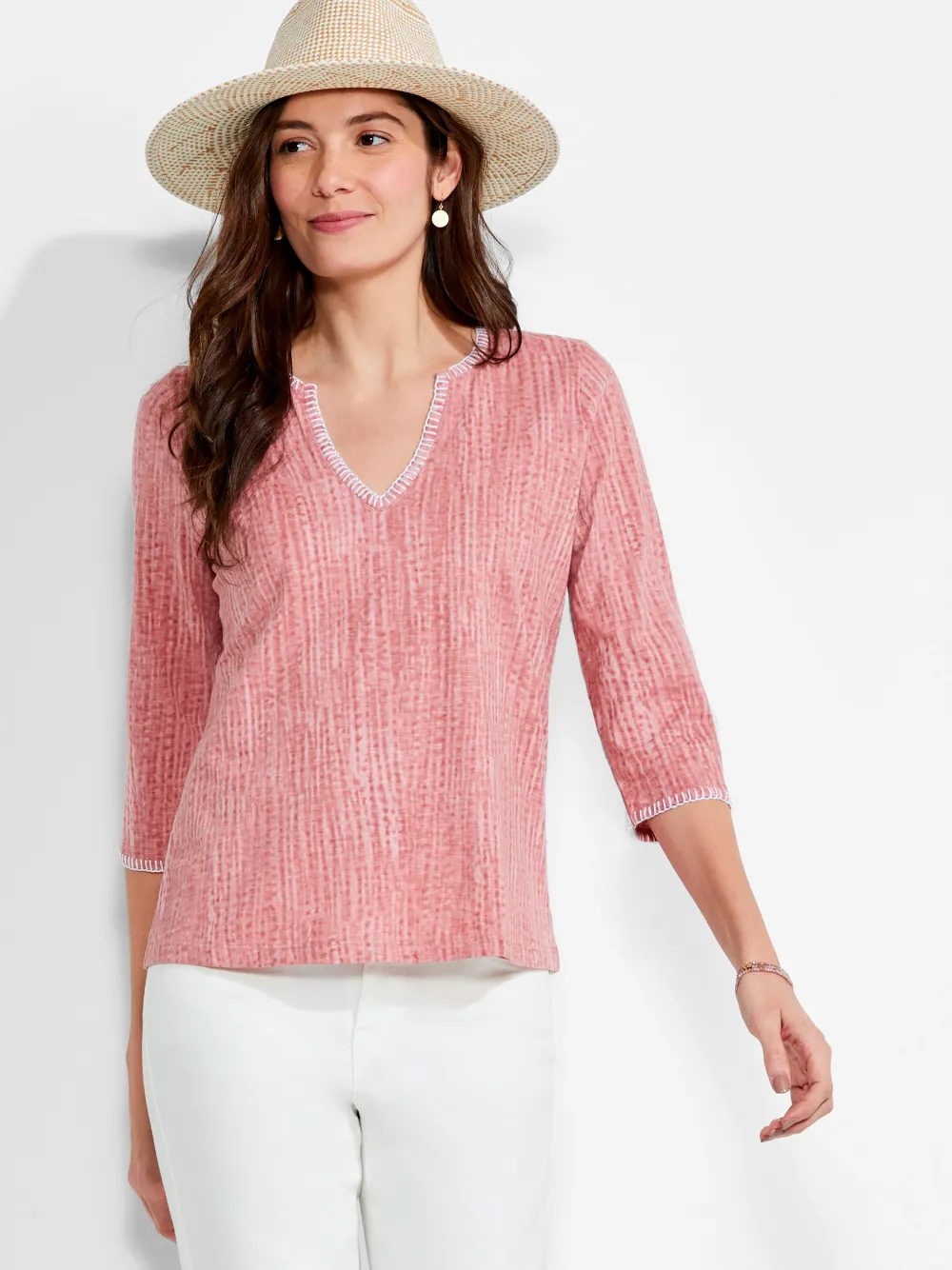 Outlet NIC+ZOE Nzt 3/4 Sleeve Split Collar Stitch Top Pink Multi