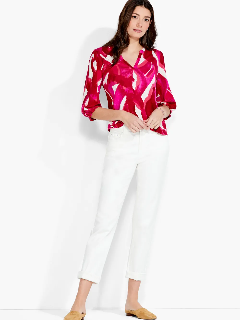 Online NIC+ZOE Nzt Blooms 3/4 Sleeve Split Neck Tee Pink Multi