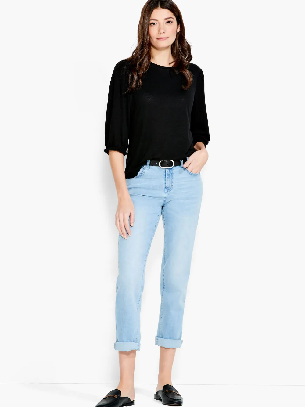 Clearance NIC+ZOE Nzt Crew Neck 3/4 Pleated Sleeve Tee Black Onyx