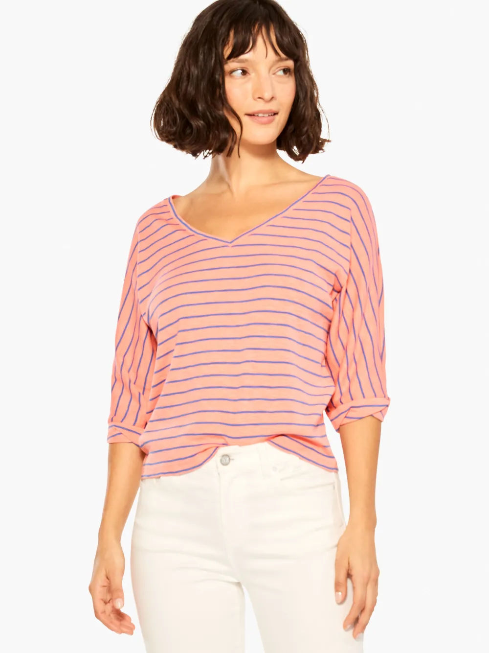 Shop NIC+ZOE Nzt Elbow Sleeve V Striped Tee Orange Multi