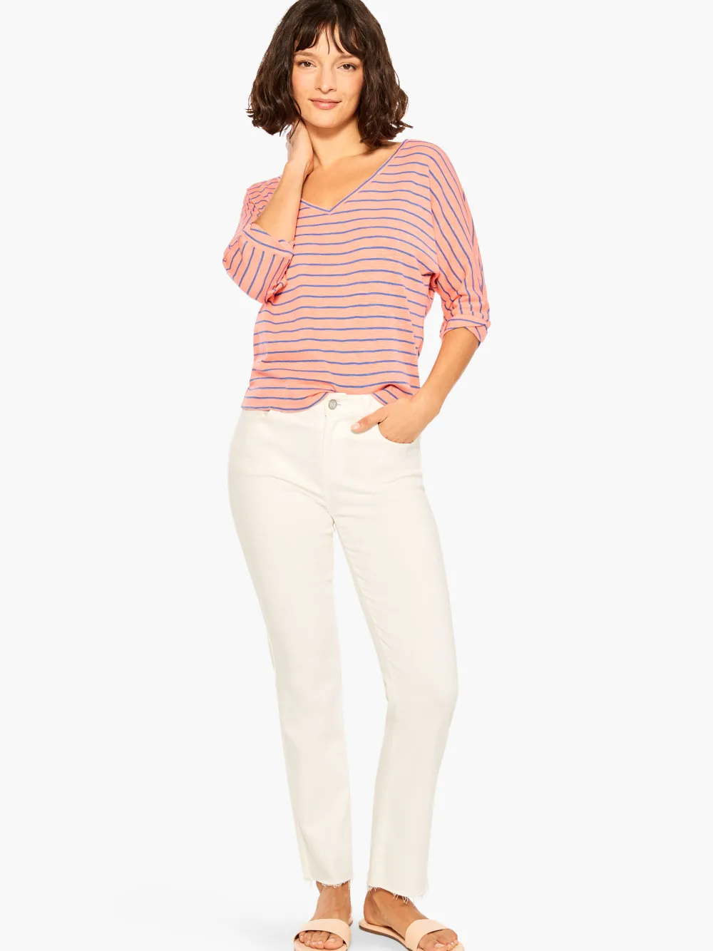 Shop NIC+ZOE Nzt Elbow Sleeve V Striped Tee Orange Multi