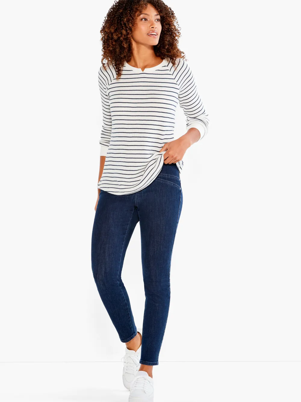 Fashion NIC+ZOE Nzt Long Sleeve Striped Waffle Tee Cream Multi