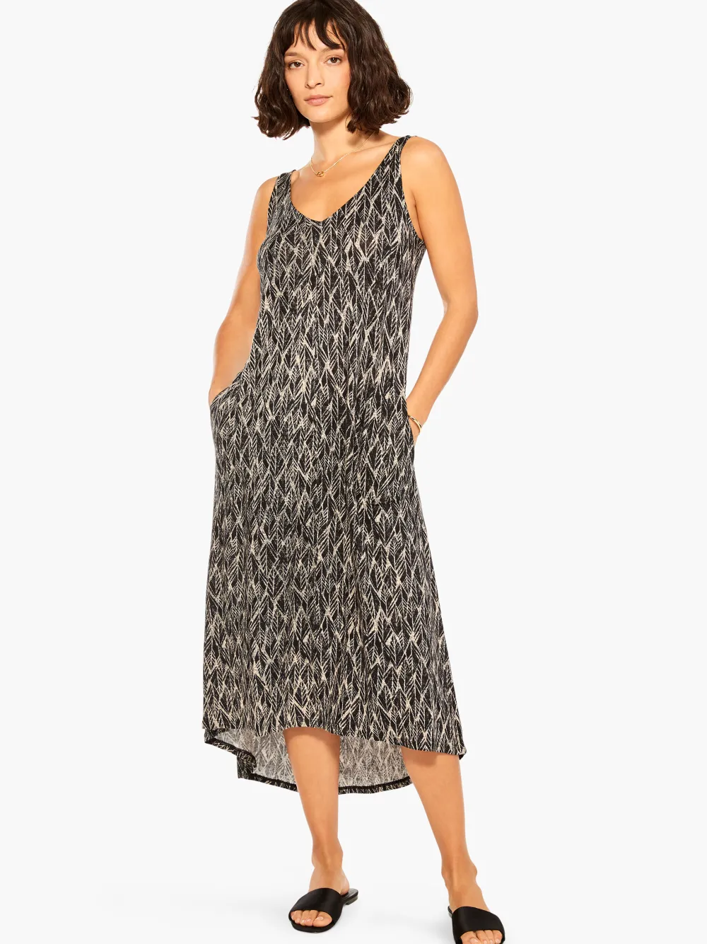 Clearance NIC+ZOE Nzt Sketched Leaves Double V Tank Dress Black Multi