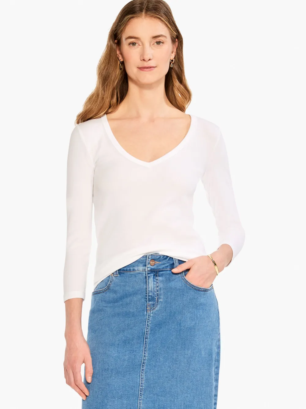 Flash Sale NIC+ZOE Perfect Knit Rib 3/4 Sleeve V Tee Paper White