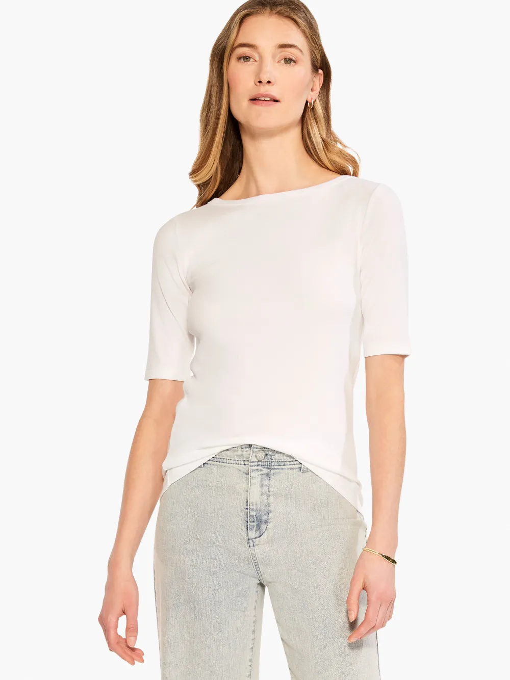 Clearance NIC+ZOE Perfect Knit Rib Elbow Sleeve Boat Neck Tee Paper White