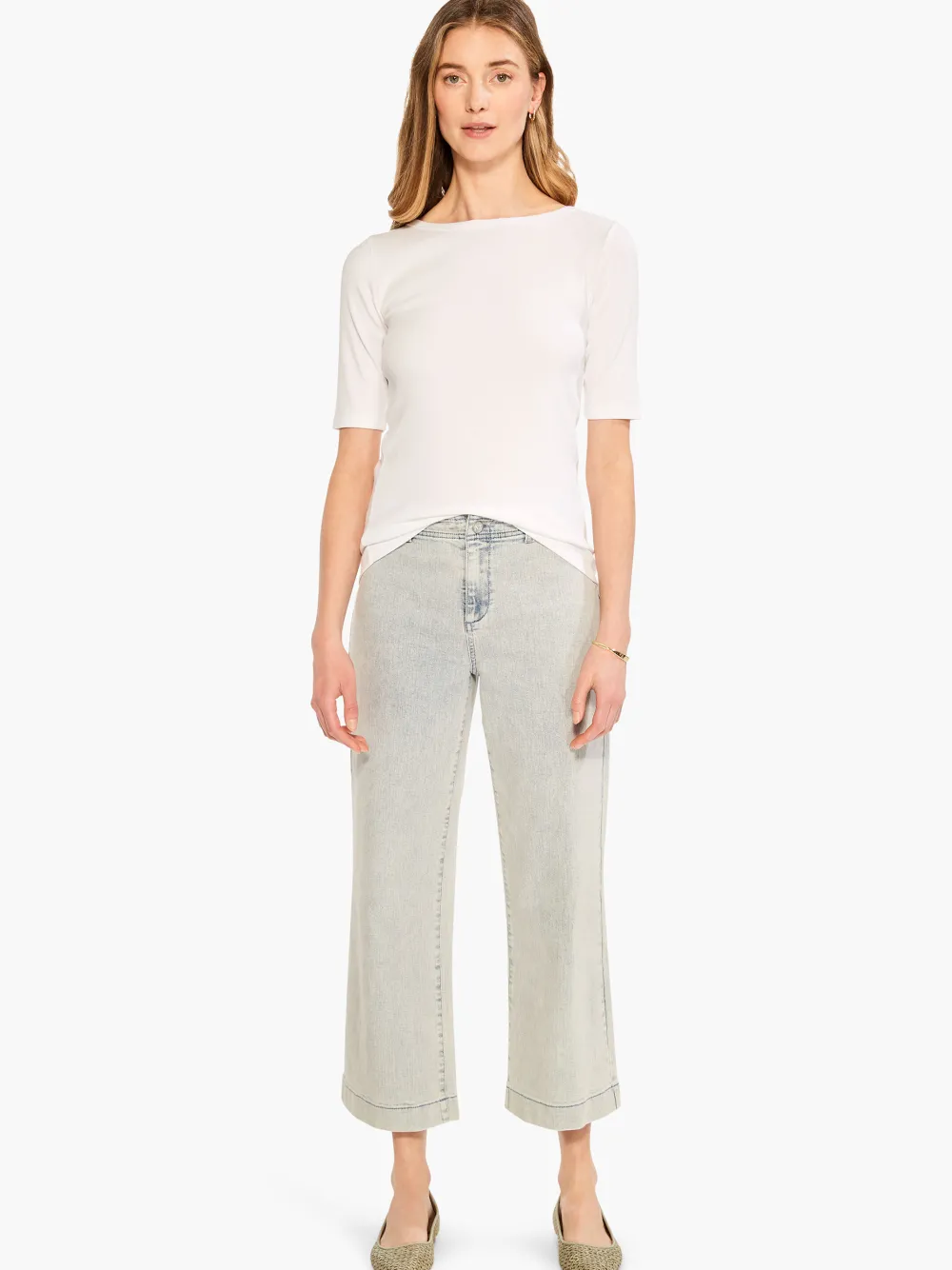 Clearance NIC+ZOE Perfect Knit Rib Elbow Sleeve Boat Neck Tee Paper White