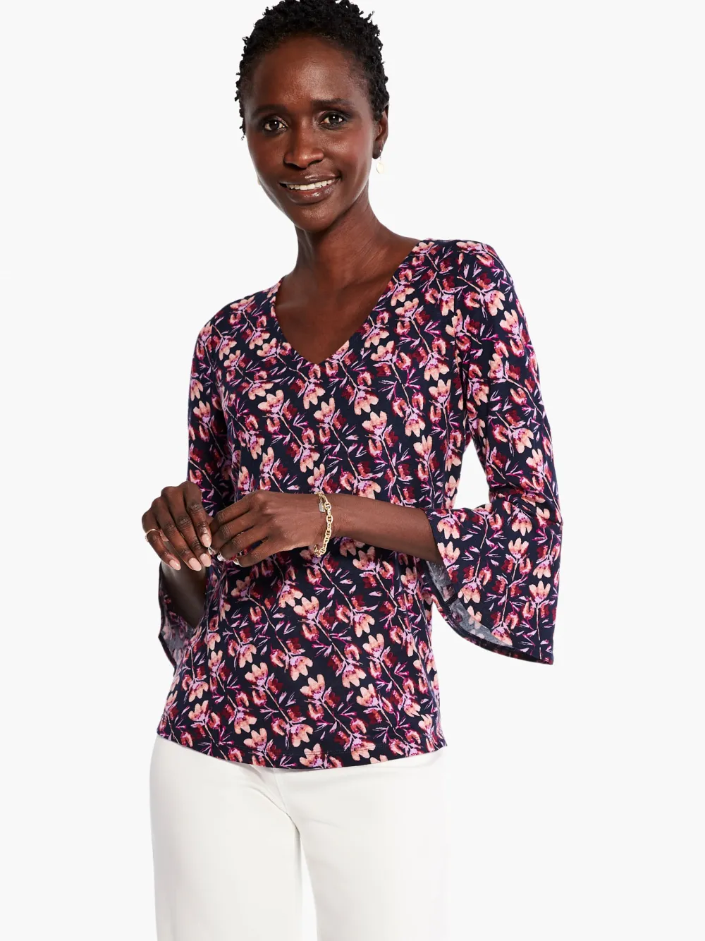 Sale NIC+ZOE Stamped Petals Top Indigo Multi
