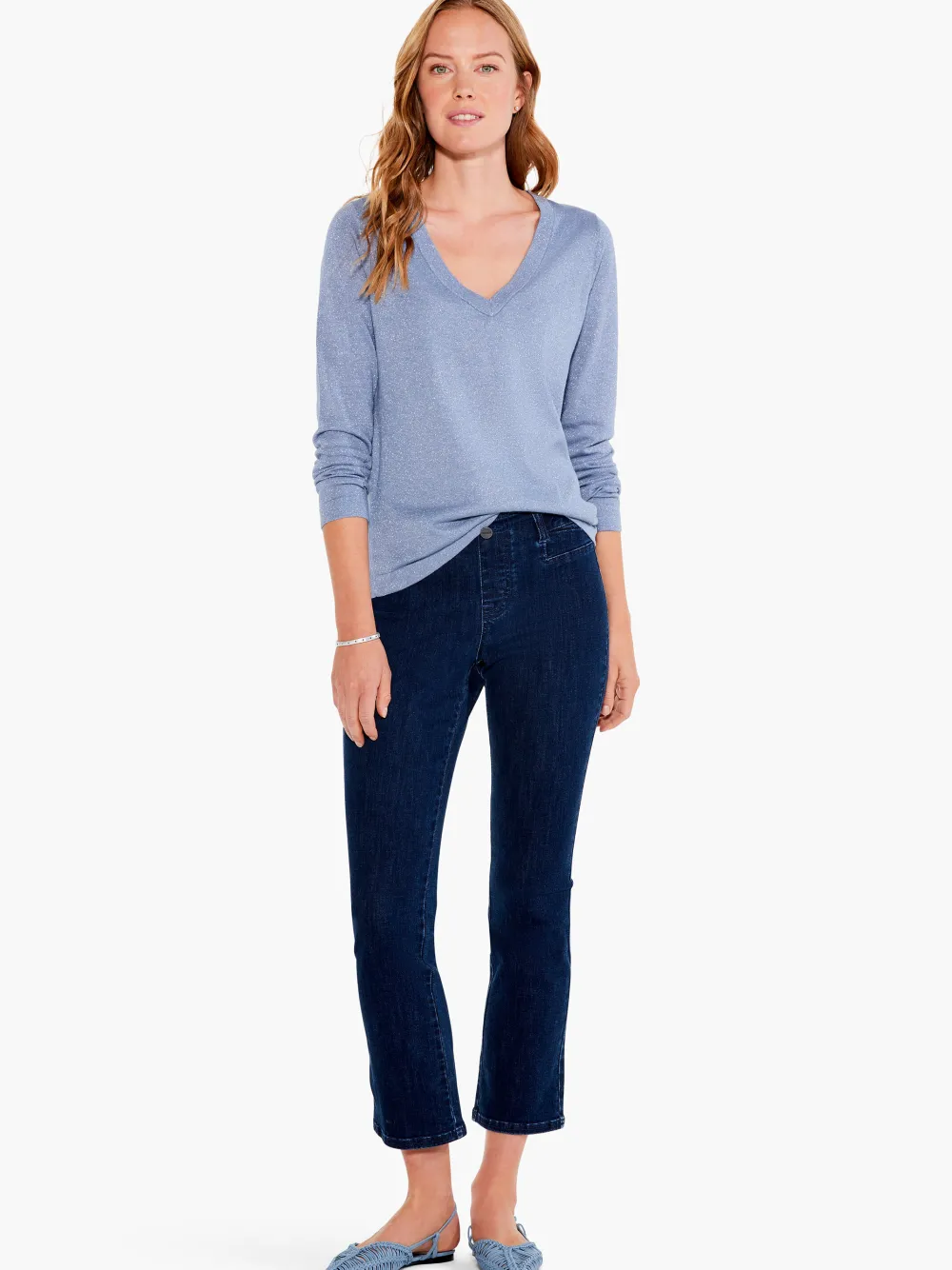 Cheap NIC+ZOE V Neck Long Sleeve Shimmer Sweater Tee Provence