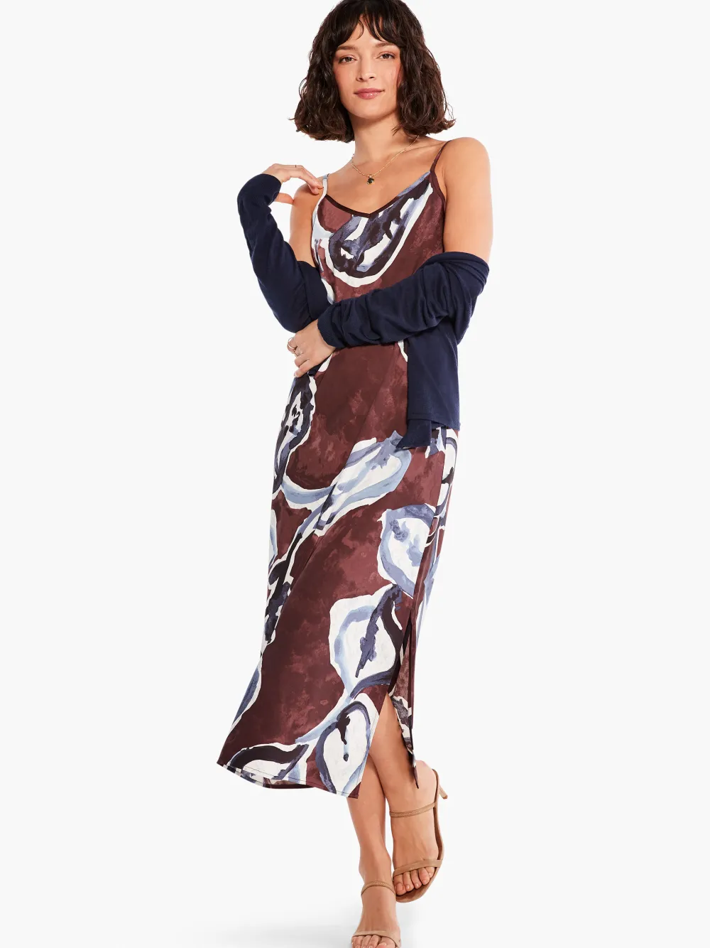 Fashion NIC+ZOE Watercolor Vines Slip Dress Brown Multi