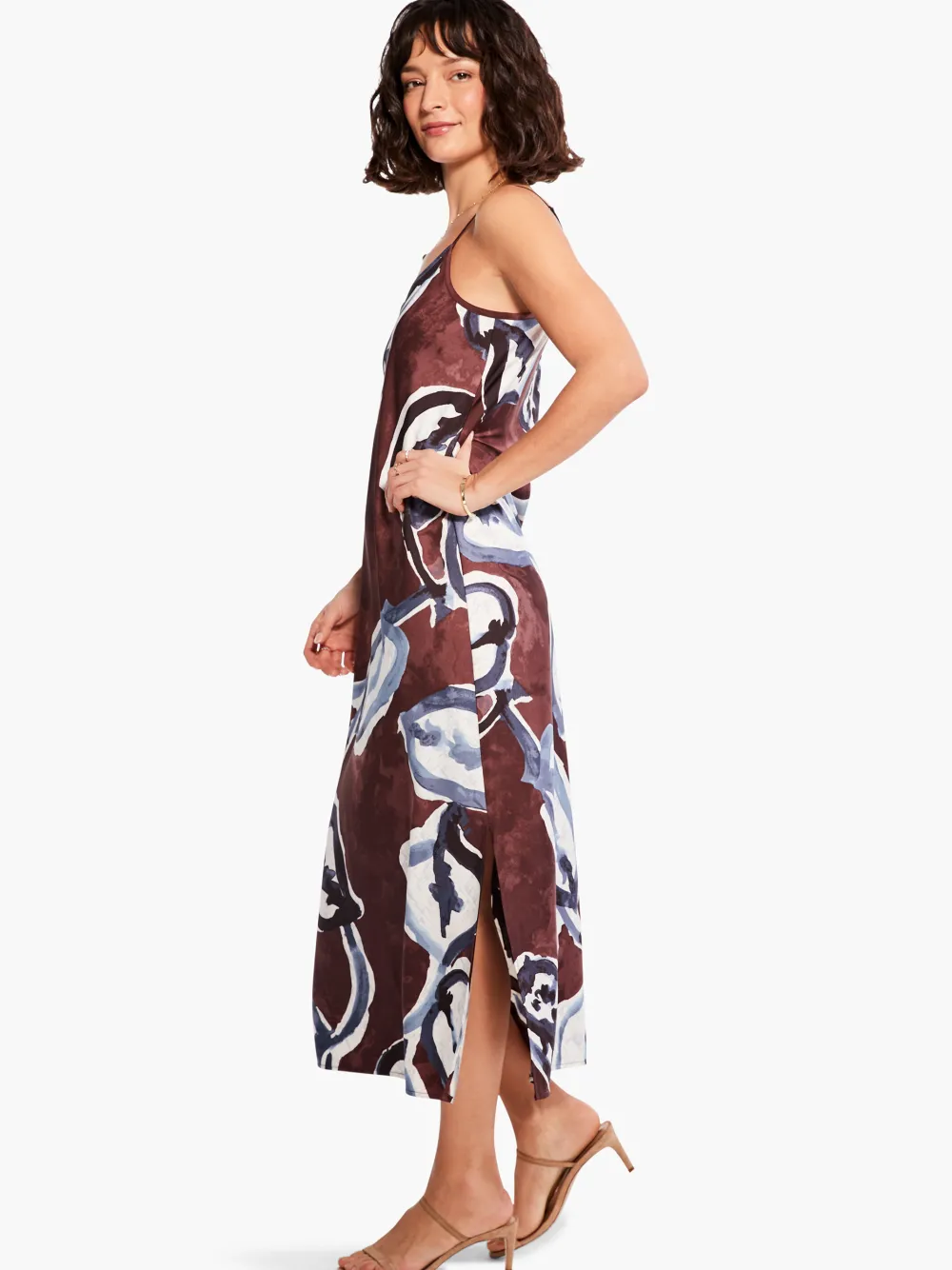 Fashion NIC+ZOE Watercolor Vines Slip Dress Brown Multi