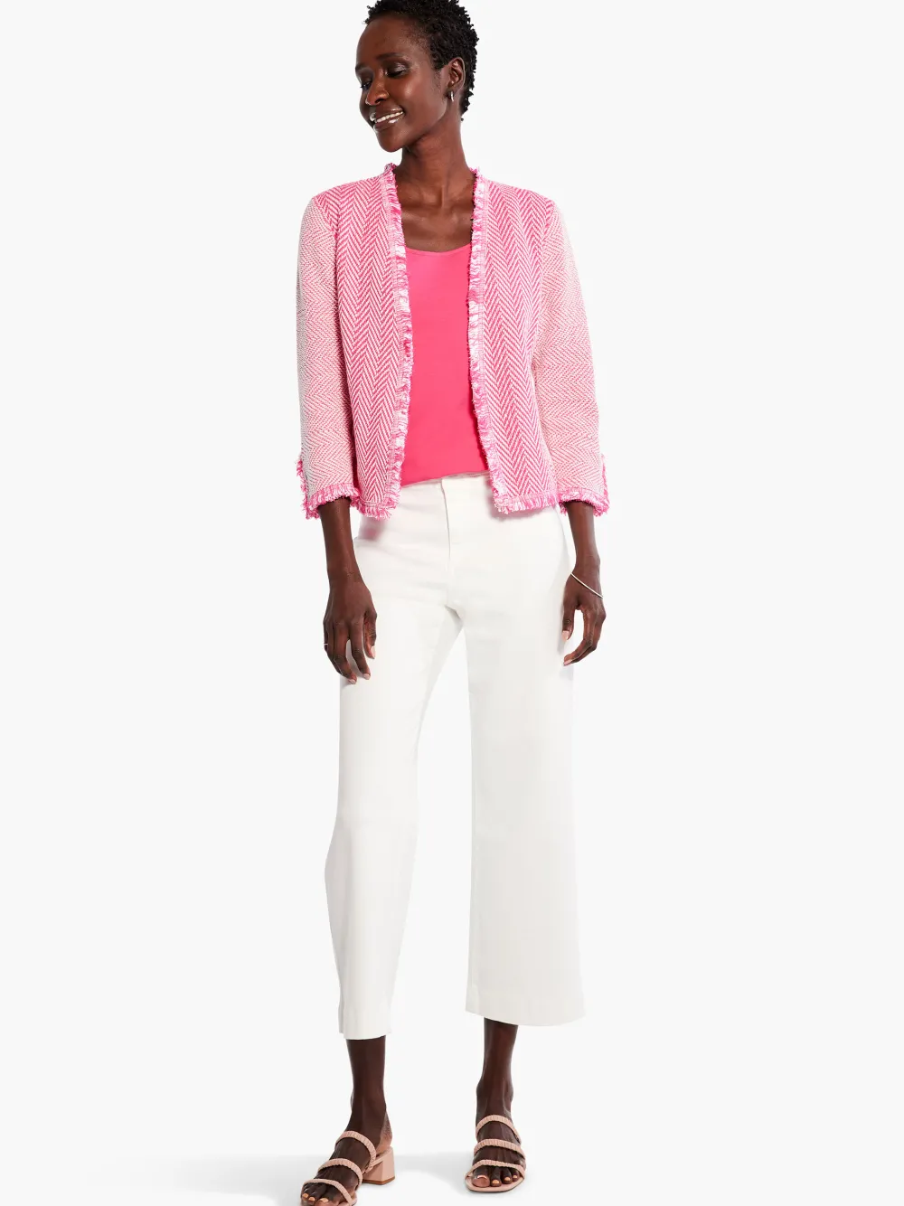 Sale NIC+ZOE Zig Zag Fringe Mix Knit Jacket Shocking Pink
